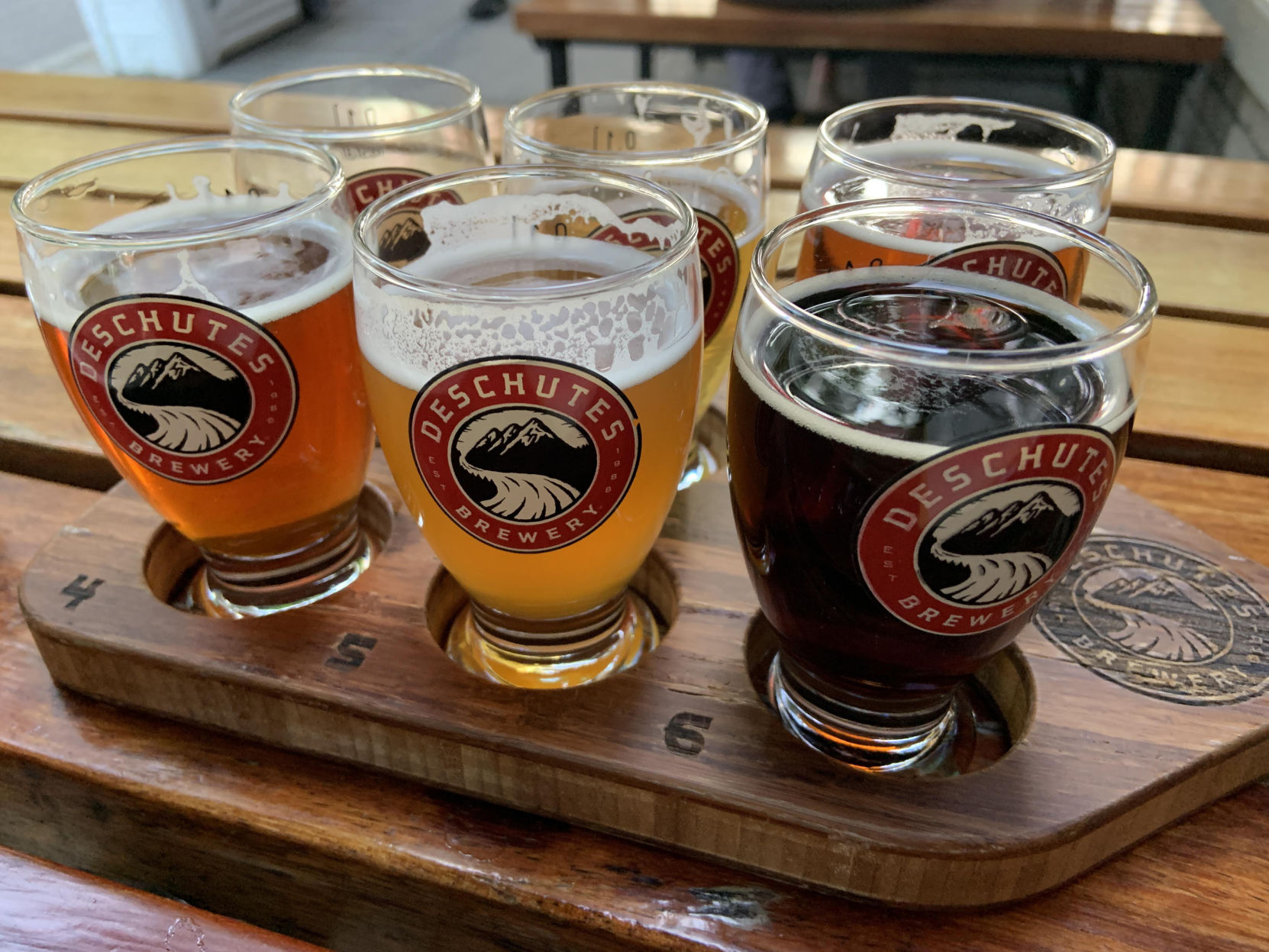 A flight of beers at Deschutes Brewery in Portland.